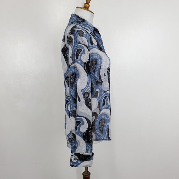 New York & Company Gray Blue Black Paisley French Cuff Retro Top Blouse Size XS - Picture 6 of 13